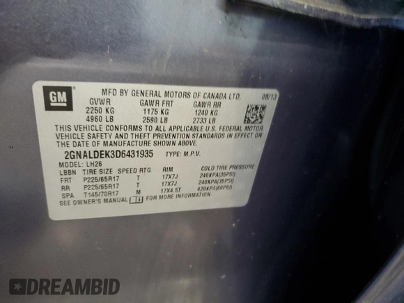 2013 Chevrolet Equinox LT with VIN 2GNALDEK3D6431935, listed as a Copart auction lot 55450955 with 134,123 mi miles and Salvage Title. Bid and sale history available at DreamBid. Image 13.