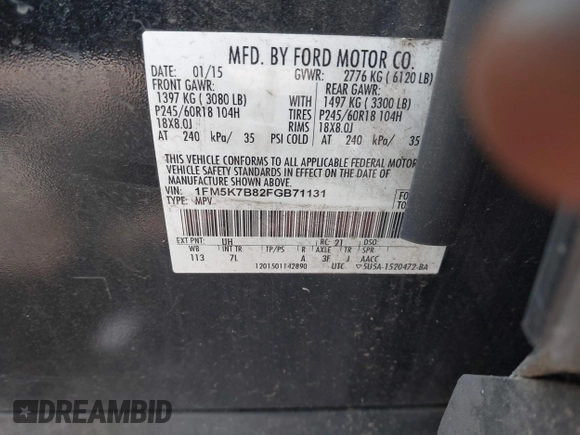 2015 Ford Explorer с VIN 1FM5K7B82FGB71131, выставлен на аукционе IAAI как лот 42653482 с пробегом 165 761 миль миль и . История ставок и продаж доступна на DreamBid. Изображение 9.