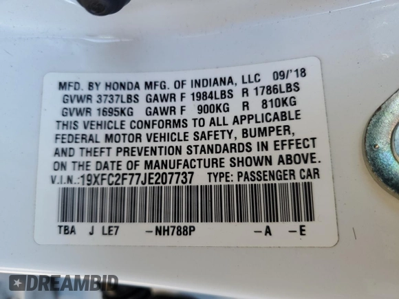 2018 Honda Civic EX with VIN 19XFC2F77JE207737, listed as a Copart auction lot 51356395 with 36,574 mi miles and Non Repairable. Bid and sale history available at DreamBid. Image 12.