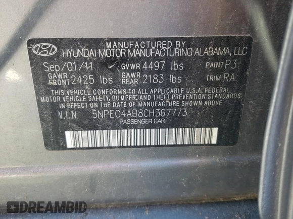 2012 Hyundai Sonata SE with VIN 5NPEC4AB8CH367773, listed as a Copart auction lot 44216875 with 146,500 mi miles and Salvage Title. Bid and sale history available at DreamBid. Image 12.