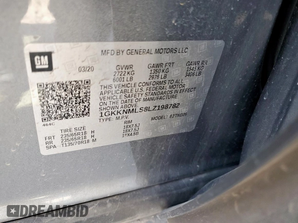 2020 GMC Acadia SLT with VIN 1GKKNMLS8LZ198782, listed as a Copart auction lot 52695665 with 118,218 mi miles and Salvage title. Bid and sale history available at DreamBid. Image 13.