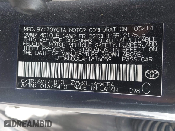 2014 Toyota Prius Four z VIN JTDKN3DUXE1816059, wystawiony jako IAAI lot #42268497 z przebiegiem 78 825 mil mil oraz . Historia ofert i sprzedaży dostępna na DreamBid. Obrazek 9.