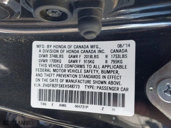 2014 Honda Civic Sedan LX with VIN 2HGFB2F5XEH548773, listed as a IAAI auction lot 40946693 with 115,114 mi miles. Bid and sale history available at carsss.com. Image 9.