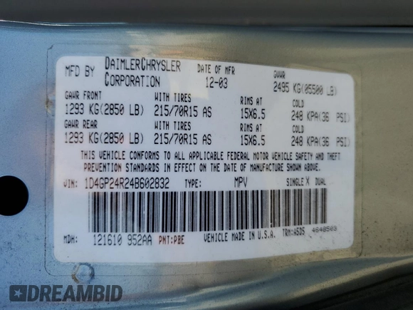 2004 Dodge Caravan SE with VIN 1D4GP24R24B602832, listed as a Copart auction lot 65915485 with 172,074 mi miles and Salvage title. Bid and sale history available at DreamBid. Image 14.