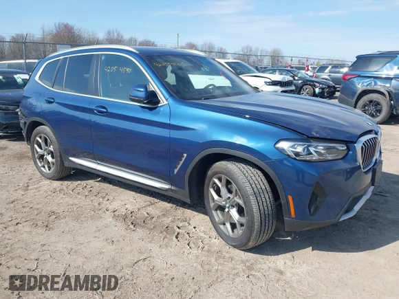 2023 BMW X3 xDrive30i with VIN 5UX53DP00P9R59770, listed as a IAAI auction lot 42054590 with 21,287 mi miles and . Bid and sale history available at DreamBid. Image 1.