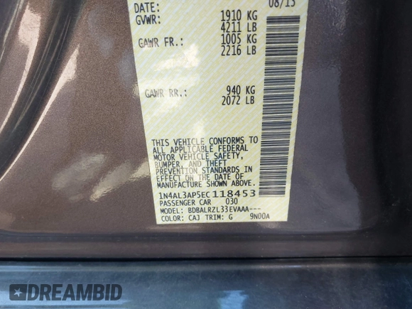 2014 Nissan Altima 2.5 S with VIN 1N4AL3AP5EC118453, listed as a IAAI auction lot 41280769 with 169,246 mi miles. Bid and sale history available at carsss.com. Image 9.