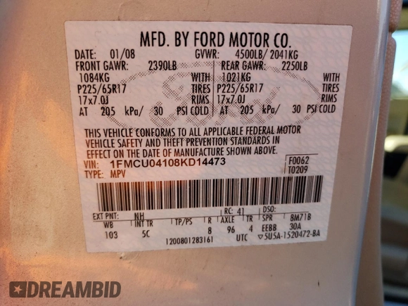 2008 Ford Escape Limited with VIN 1FMCU04108KD14473, listed as a Copart auction lot 68982394 with 214,158 mi miles and Non repairable. Bid and sale history available at DreamBid. Image 12.