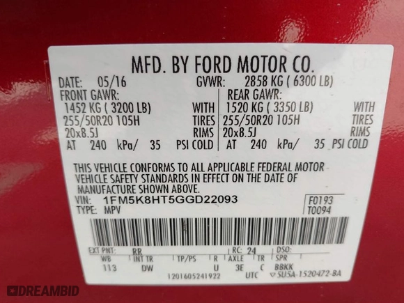 2016 Ford Explorer Platinum with VIN 1FM5K8HT5GGD22093, listed as a IAAI auction lot 42081561 with 100,645 mi miles. Bid and sale history available at carsss.com. Image 9.
