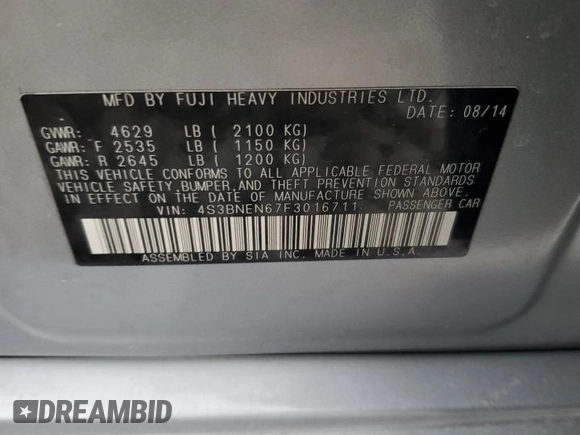2015 Subaru Legacy 3.6R Limited with VIN 4S3BNEN67F3016711, listed as a Copart auction lot 48040025 with 0 mi miles and Salvage Title. Bid and sale history available at carsss.com. Image 13.