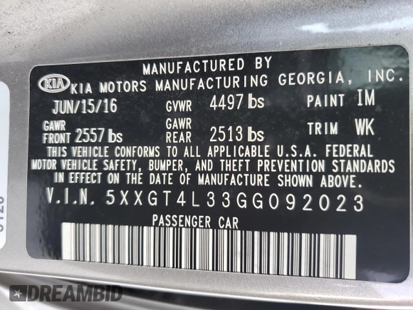 2016 Kia Optima LX with VIN 5XXGT4L33GG092023, listed as a Copart auction lot 60788045 with 94,517 mi miles and Clean title. Bid and sale history available at DreamBid. Image 12.
