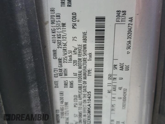 2021 Ford Transit Cargo with VIN 1FTBR2X86MKA10435, listed as a Copart auction lot 41313824 with 44,814 mi miles and . Bid and sale history available at DreamBid. Image 14.