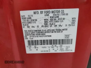 2012 Ford F-150 XL with VIN 1FTFX1ET0CFC07696, listed as a Copart auction lot 64260325 with 158,915 mi miles and Clean title. Bid and sale history available at DreamBid. Image 12.