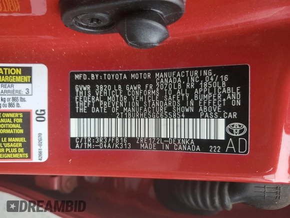 2016 Toyota Corolla L with VIN 2T1BURHE5GC655854, listed as a Copart auction lot 61056625 with 93,590 mi miles and Salvage title. Bid and sale history available at DreamBid. Image 12.