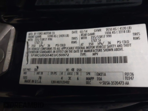 2014 Ford Escape SE with VIN 1FMCU0GX4EUC50972, listed as a IAAI auction lot 41953559 with 134,936 mi miles. Bid and sale history available at carsss.com. Image 9.