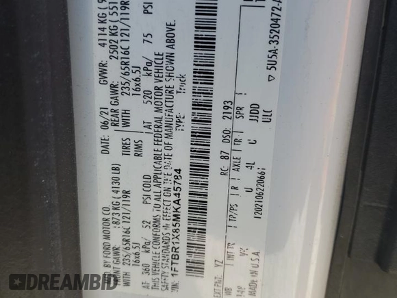 2021 Ford Transit Cargo z VIN 1FTBR1X85MKA45784, wystawiony jako Copart lot #58608665 z przebiegiem 65 342 mil mil oraz Szkoda całkowita • Salvage title. Historia ofert i sprzedaży dostępna na DreamBid. Obrazek 13.