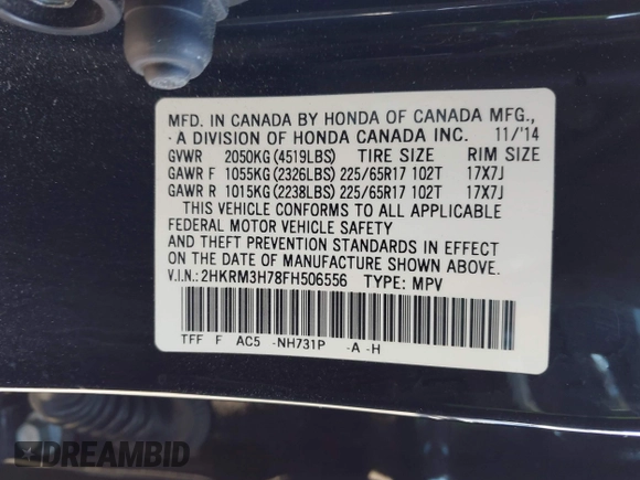 2015 Honda CR-V EX-L with VIN 2HKRM3H78FH506556, listed as a IAAI auction lot 41943492 with 100,405 mi miles. Bid and sale history available at carsss.com. Image 9.