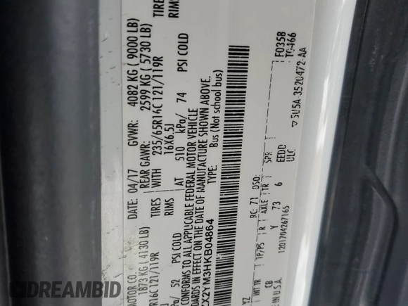2017 Ford Transit XL с VIN 1FBZX2YM3HKB04864, выставлен на аукционе Copart как лот 45914135 с пробегом 80 102 миль миль и Списание • Salvage title. История ставок и продаж доступна на DreamBid. Изображение 14.