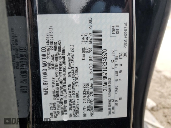 2016 Ford Fusion S with VIN 3FA6P0G71GR345370, listed as a Copart auction lot 44597195 with 0 mi miles and Salvage Title. Bid and sale history available at carsss.com. Image 12.
