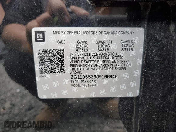2018 Chevrolet Impala LT z VIN 2G1105S39J9166946, wystawiony jako Copart lot #53096585 z przebiegiem 81 394 mil mil oraz Szkoda całkowita • Salvage title. Historia ofert i sprzedaży dostępna na DreamBid. Obrazek 12.
