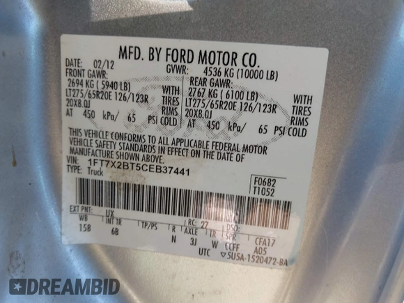2012 Ford F-250 XL with VIN 1FT7X2BT5CEB37441, listed as a IAAI auction lot 41868298 with 388,364 mi miles and . Bid and sale history available at DreamBid. Image 9.