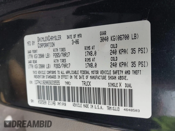 2006 Dodge 1500 SLT with VIN 1D7HU18206S633555, listed as a IAAI auction lot 42292494 with Not provided miles and . Bid and sale history available at DreamBid. Image 9.
