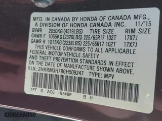 2016 Honda CR-V EX-L with VIN 2HKRM3H78GH509247, listed as a IAAI auction lot 41480868 with 87,292 mi miles. Bid and sale history available at carsss.com. Image 9.