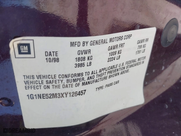 1999 Chevrolet Malibu LS with VIN 1G1NE52M3XY126457, listed as a IAAI auction lot 41975578 with 196,255 mi miles. Bid and sale history available at carsss.com. Image 9.