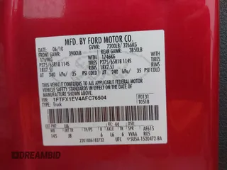 2010 Ford F-150 XL with VIN 1FTFX1EV4AFC76504, listed as a IAAI auction lot 42289572 with 103,249 mi miles and . Bid and sale history available at DreamBid. Image 9.