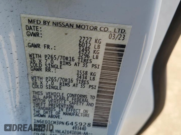 2023 Nissan Frontier S with VIN 1N6ED1CM3PN645928, listed as a Copart auction lot 81332064 with 19,115 mi miles and Salvage title. Bid and sale history available at DreamBid. Image 12.