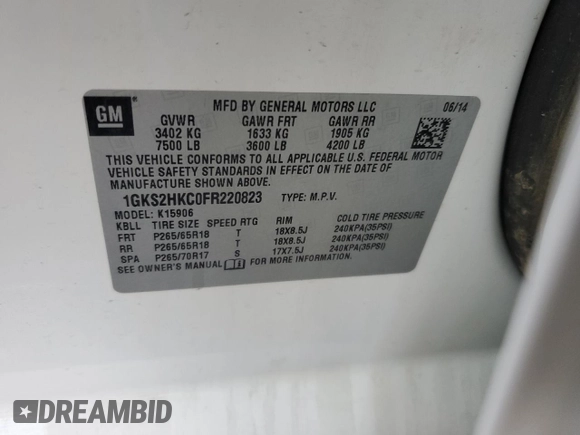 2015 GMC Yukon XL SLT with VIN 1GKS2HKC0FR220823, listed as a Copart auction lot 42155185 with 199,385 mi miles and Salvage Title. Bid and sale history available at carsss.com. Image 15.