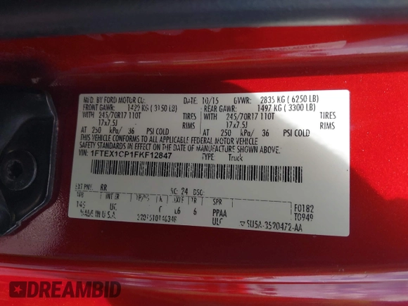 2015 Ford F-150 XL with VIN 1FTEX1CP1FKF12847, listed as a IAAI auction lot 42485799 with 171,974 mi miles and . Bid and sale history available at DreamBid. Image 9.