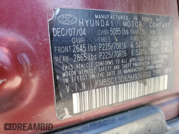 2005 Hyundai Santa Fe GLS with VIN KM8SC13D65U936463, listed as a Copart auction lot 67032944 with 186,292 mi miles and Salvage Title. Bid and sale history available at DreamBid. Image 13.