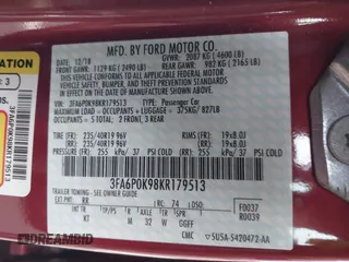 2019 Ford Fusion Titanium with VIN 3FA6P0K98KR179513, listed as a IAAI auction lot 41820059 with 112,155 mi miles. Bid and sale history available at carsss.com. Image 9.