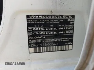2005 Mercedes-Benz M 350 with VIN 4JGAB57E35A550478, listed as a Copart auction lot 62419825 with 194,395 mi miles and Clean title. Bid and sale history available at DreamBid. Image 10.