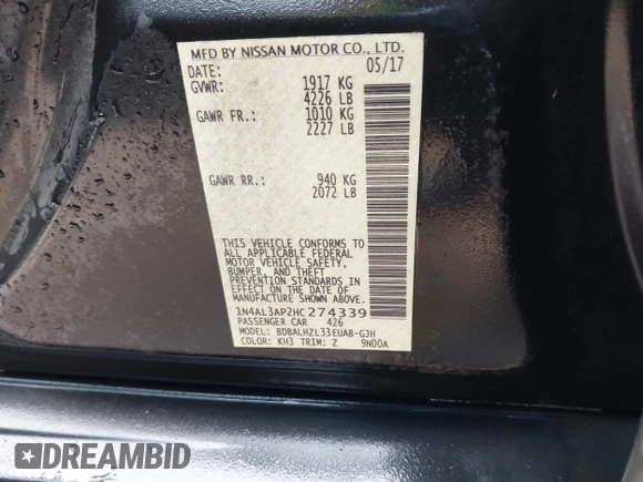 2017 Nissan Altima S z VIN 1N4AL3AP2HC274339, wystawiony jako IAAI lot #41754481 z przebiegiem 104 571 mil mil oraz . Historia ofert i sprzedaży dostępna na DreamBid. Obrazek 9.
