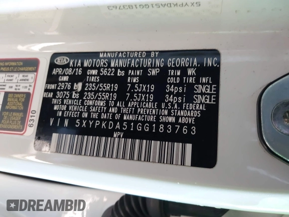 2016 Kia Sorento SX with VIN 5XYPKDA51GG183763, listed as a IAAI auction lot 41513849 with 164,269 mi miles. Bid and sale history available at carsss.com. Image 9.