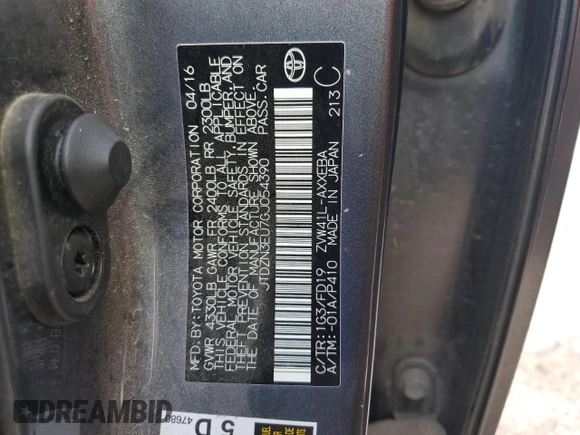 2016 Toyota Prius Two with VIN JTDZN3EU7GJ054390, listed as a Copart auction lot 53652895 with 54,317 mi miles and Salvage Title. Bid and sale history available at DreamBid. Image 12.
