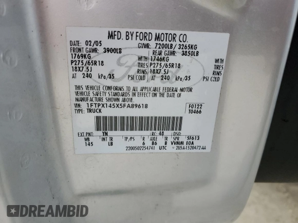 2005 Ford F-150 XLT z VIN 1FTPX145X5FA89618, wystawiony jako Copart lot #59740455 z przebiegiem Nie podano mil oraz Szkoda całkowita • Salvage title. Historia ofert i sprzedaży dostępna na DreamBid. Obrazek 12.