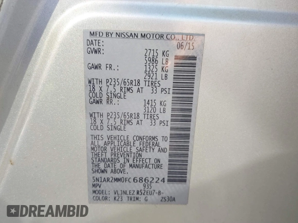 2015 Nissan Pathfinder SV с VIN 5N1AR2MM0FC686224, выставлен на аукционе IAAI как лот 41887640 с пробегом 166 379 миль миль и . История ставок и продаж доступна на DreamBid. Изображение 9.