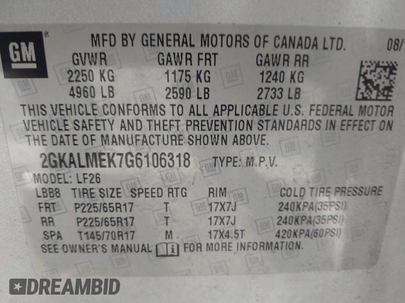 2016 GMC Terrain SLE with VIN 2GKALMEK7G6106318, listed as a IAAI auction lot 41881029 with 136,217 mi miles and . Bid and sale history available at DreamBid. Image 9.