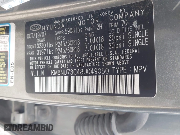 2008 Hyundai Veracruz GLS with VIN KM8NU73C48U049050, listed as a IAAI auction lot 42394566 with 284,058 mi miles and . Bid and sale history available at DreamBid. Image 9.