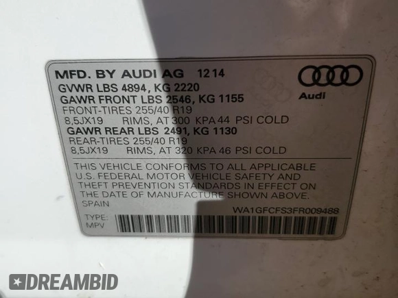 2015 Audi Q3 2.0T Prestige with VIN WA1GFCFS3FR009488, listed as a Copart auction lot 46915045 with 108,071 mi miles and Clean Title. Bid and sale history available at carsss.com. Image 13.