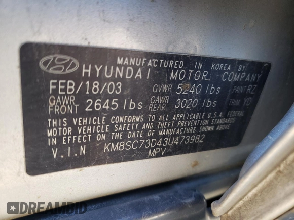 2003 Hyundai Santa Fe GLS with VIN KM8SC73D43U473982, listed as a Copart auction lot 82681954 with 252,240 mi miles and Salvage Title. Bid and sale history available at carsss.com. Image 15.