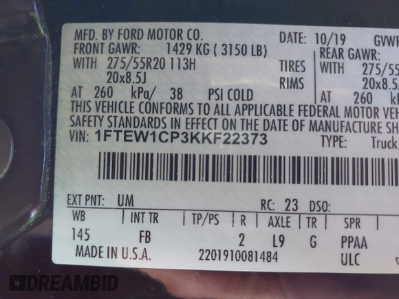 2019 Ford F-150 XL with VIN 1FTEW1CP3KKF22373, listed as a IAAI auction lot 41270333 with 86,898 mi miles and . Bid and sale history available at carsss.com. Image 9.