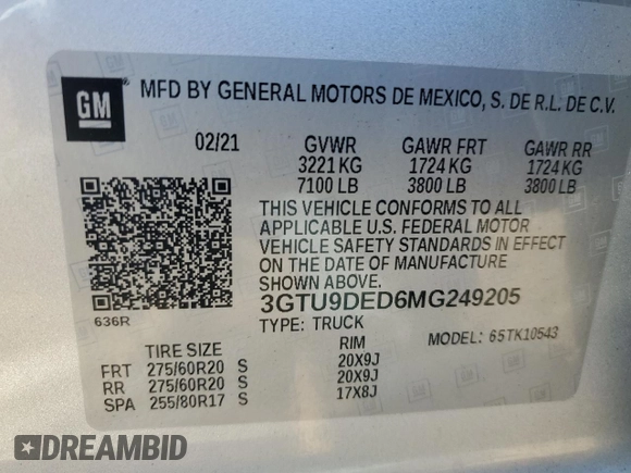 2021 GMC Sierra 1500 SLT z VIN 3GTU9DED6MG249205, wystawiony jako Copart lot #43583845 z przebiegiem 33 053 mil mil oraz Szkoda całkowita • Salvage title. Historia ofert i sprzedaży dostępna na DreamBid. Obrazek 14.