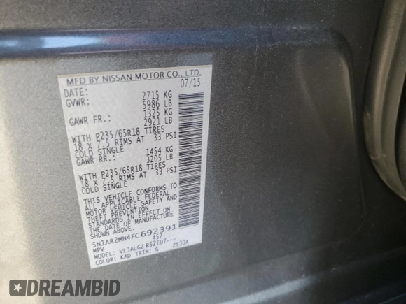 2015 Nissan Pathfinder SV with VIN 5N1AR2MN4FC692391, listed as a Copart auction lot 53100195 with 114,812 mi miles and Clean Title. Bid and sale history available at carsss.com. Image 13.