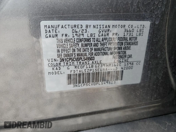 2023 Nissan Kicks SV with VIN 3N1CP5CV0PL549503, listed as a Copart auction lot 75671534 with 11,750 mi miles and Non Repairable. Bid and sale history available at DreamBid. Image 13.