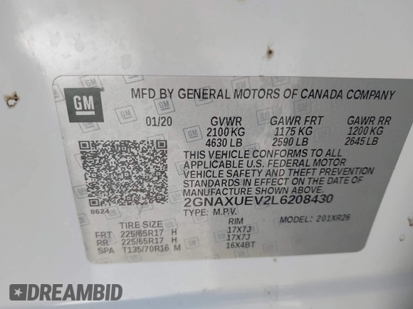2020 Chevrolet Equinox LT with VIN 2GNAXUEV2L6208430, listed as a IAAI auction lot 41217793 with 117,822 mi miles and . Bid and sale history available at DreamBid. Image 9.