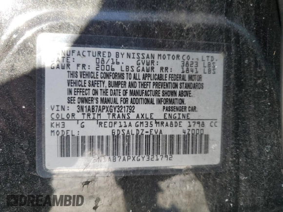 2016 Nissan Sentra SV with VIN 3N1AB7APXGY321792, listed as a Copart auction lot 41927005 with 87,490 mi miles and Salvage Title. Bid and sale history available at DreamBid. Image 15.