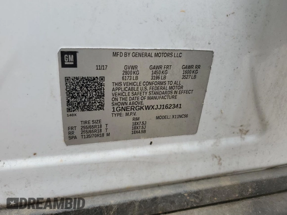 2018 Chevrolet Traverse LT Cloth with VIN 1GNERGKWXJJ162341, listed as a Copart auction lot 54055004 with 213,800 mi miles. Bid and sale history available at carsss.com. Image 13.